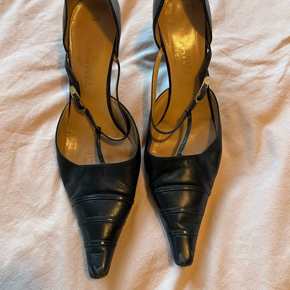 Chanel Mary Jane Pointed Toe Kitten Heels
